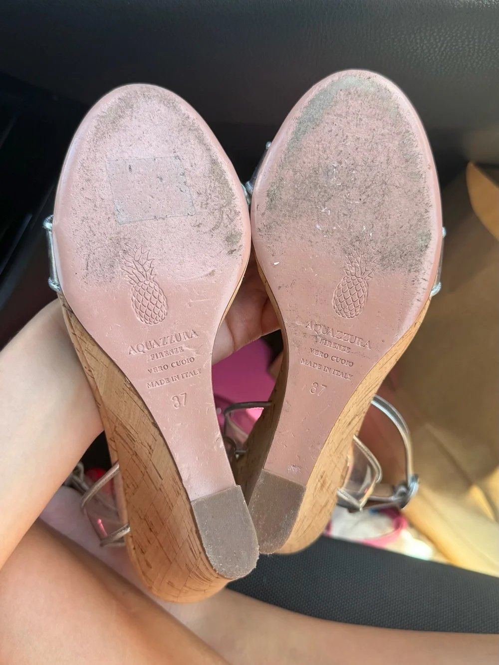 Aquazzura Silver and Nude Cork Wedge Sandals